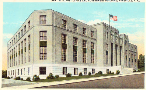 Vintage Postcard Front U.S. Post Office and Government Building - Asheville,North Carolina