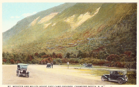 Vintage postcard front. Mt. Webster and Willey House Free Camp Grounds - Crawford Notch,N.H.