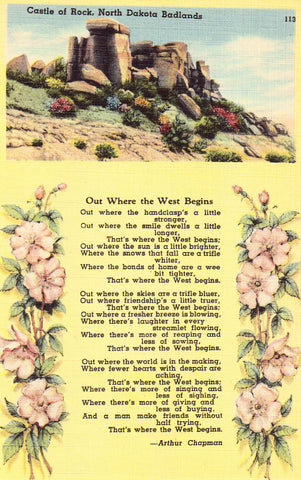 Linen Poem Postcard Front - Castle of Rock - North Dakota Badlands