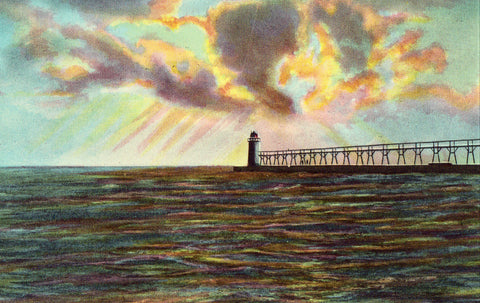 Vintage postcard front. Sunset on Lake Michigan - South Haven,Michigan