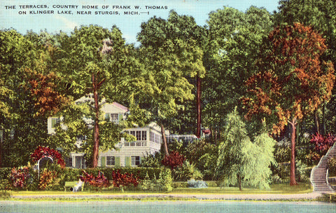 Linen postcard front. The Terraces,Country Home of Frank W. Thomas near Sturgis,Michigan