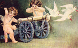 Vintage postcard front. A "Heart" Shot - Cupids with Cannon and Doves