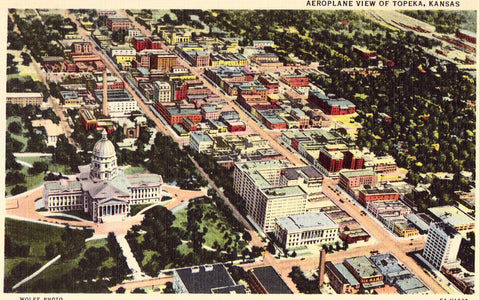Linen postcard front. Aeroplane View of Topeka,Kansas