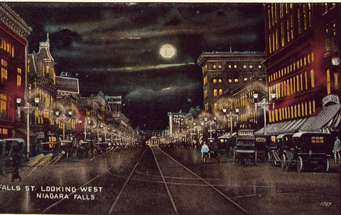Vintage postcard front. Falls Street Looking West - Niagara Falls