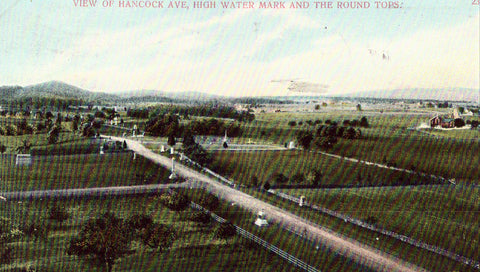 Vintage postcard front. View of Hancock Ave., High Water Mark and The Round Tops - Pa.