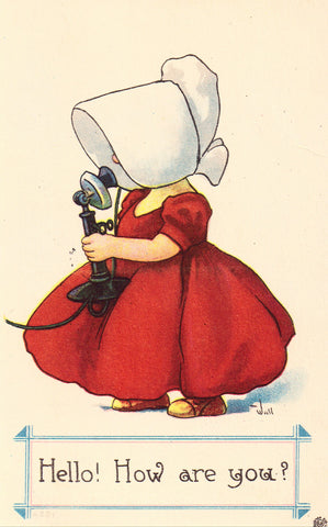 Vintage postcard front. Bonnet Baby with a Telephone - "Hello! How Are You?"