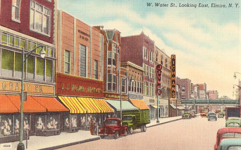 Linen postcard front. W. Water Street,Looking East - Elmira,New York