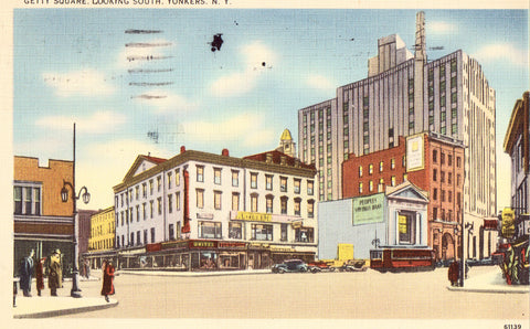 Linen postcard front. Getty Square,Looking South - Yonkers,New York