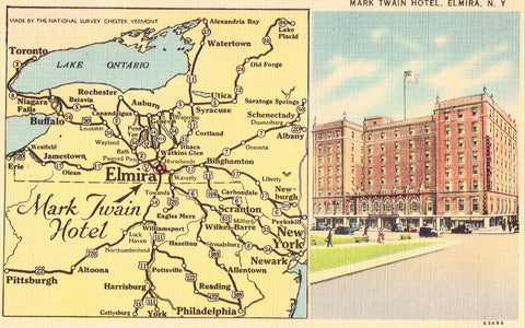 Linen postcard front. Mark Twain Hotel - Elmira,New York