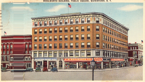 Linen postcard front. Woolworth Building,Public Square - Watertown,New York