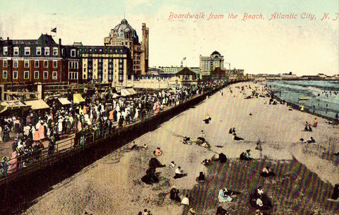 Vintage postcard front. Boardwalk from The Beach - Atlantic City,New Jersey