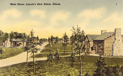 Linen postcard front. Main Street - Lincoln's New Salem,Illinois