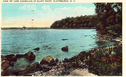 Vintage postcard front. View of Lake Champlain at Bluff Point - Plattsburgh,New York