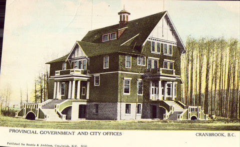 Vintage postcard front. Provincial Government and City Offices - Crankbrook,B.C.,Canada