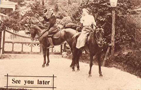 Vintage Postcard Front - Man and Woman on Horses "See You Later"