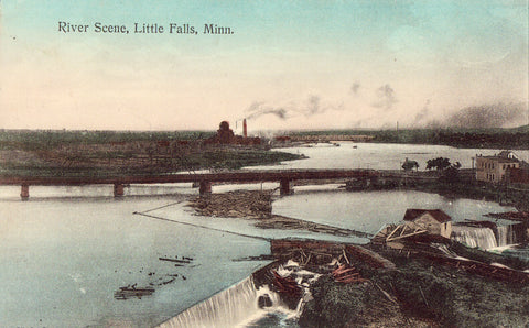 Vintage postcard front - River Scene - Little Falls,Minnesota