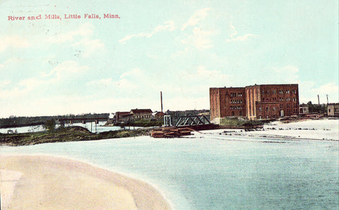 Vintage postcard front - River and Mills - Little Falls,Minnesota