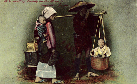 Vintage postcard front - A Traveling Family on The Road to Nagasaki,Japan