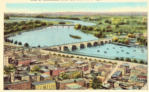 Vintage postcard front - View of Connecticut River and Hartford Bridge - Hartford,Connecticut