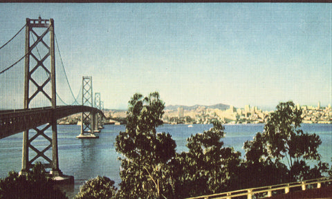 Linen postcard front - Bay Bridge,Looking Toward San Francisco from Yerba Buena Island - California