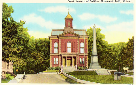Linen postcard front - Court House and Soldiers Monument - Bath,Maine