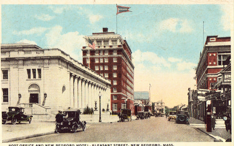 Vintage postcard front - Post Office and New Bedford Hotel,Pleasant Street - New Bedford,Massachusetts