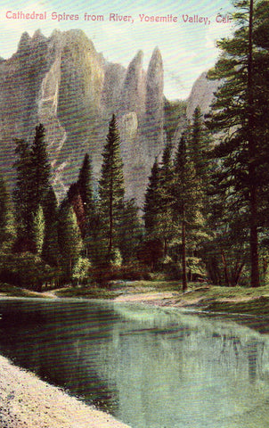Vintage postcard front - Cathedral Spires from River - Yosemite Valley,California