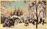 Linen postcard "Mormon" Temple Grounds in Winter - Salt Lake City,Utah