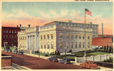Linen postcard Post Office - Lowell,Massachusetts