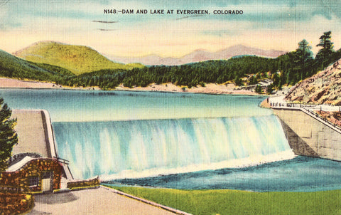 Linen postcard Dam and Lake at Evergreen - Colorado