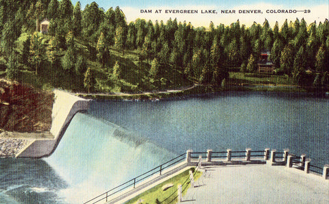 Linen postcard Dam at Evergreen Lake near Denver,Colorado