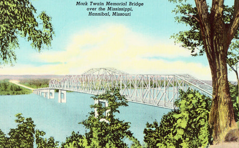Linen postcard Mark Twain Memorial Bridge over The Mississippi - Hannibal,Missouri