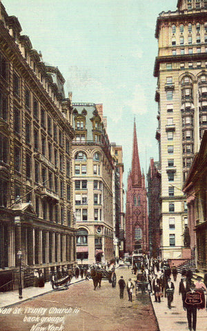 Vintage postcard Wall Street with Trinity Church in Background - New York City