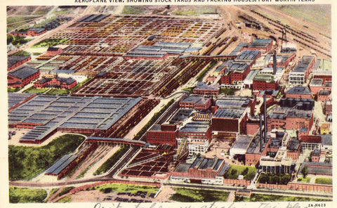Vintage postcard - Aeroplane View,showing Stock Yards and Packing Houses - Fort Worth,Texas