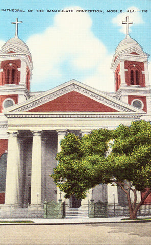 Linen postcard Cathedral of The Immaculate Conception - Mobile,Alabama