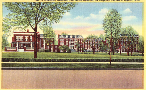 Linen Ohio postcard Elyria Memorial Hospital and Gates Hospital for Crippled Children - Elyria,Ohio