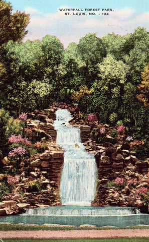 Linen postcard Waterfall,Forest Park - St. Louis,Missouri