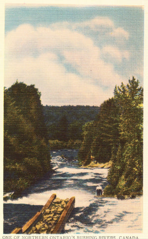 Linen postcard One of Northern Ontario's Rushing Rivers - Canada