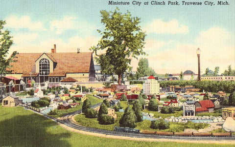 Linen postcard Miniature City at Clinch Park - Traverse City,Michigan