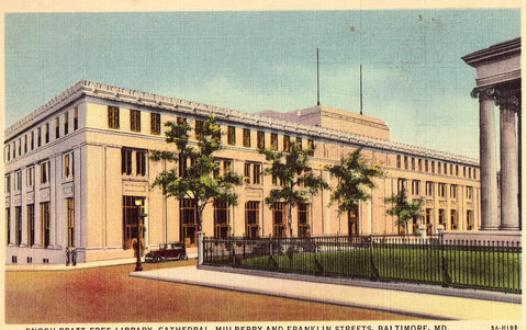 Linen postcard Enoch Pratt Free Library,Cathedral,Mulberry and Franklin Streets - Baltimore,Maryland