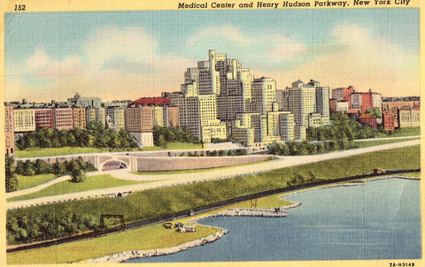 Linen postcard Medical Center and Henry Hudson Parkway - New York City
