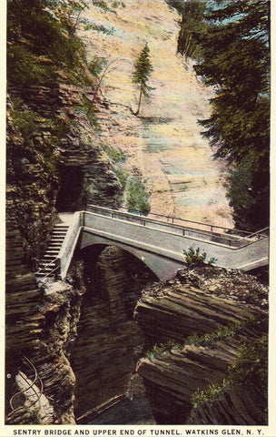 Vintage postcard Sentry Bridge and Upper End of Tunnel - Watkins Glen,New York