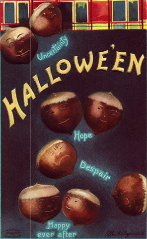 Vintage Halloween Postcard, Halloween Acorns with Faces, Clapsaddle Signed, 1910