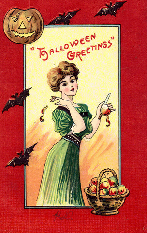 Vintage Halloween Postcard, Woman Peeling Apples, Bats, Pumpkin, 1911