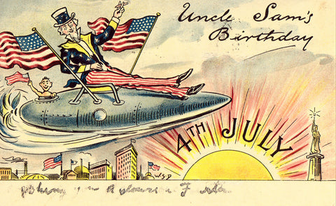 Vintage Postcard, Fourth of July Greetings, Uncle Sam, Statue of Liberty, 1909