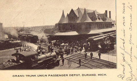 Vintage Postcard, Durand, Michigan, Grand Trunk Union Passenger Depot, 1909