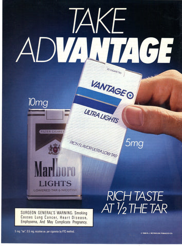 Vintage 1980's Vantage Cigarettes Print Ad