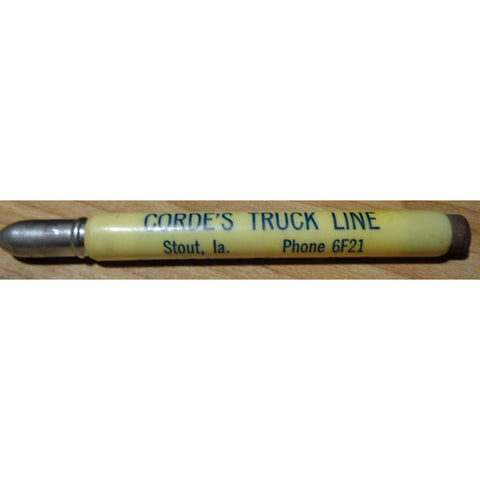 Vintage Celluloid Bullet Pencil - Corde's Truck Line - Stout,Iowa